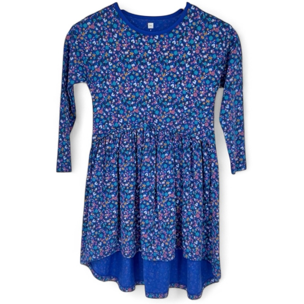 Tea Collection Vibrant‎ Floral Blue Purple Long Sleeve Kids Dress Sz 7